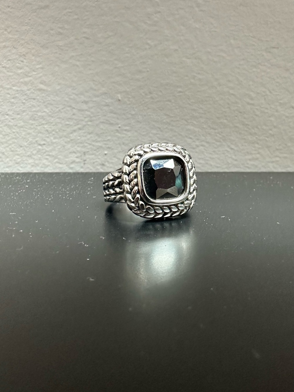 Silver Braided Square Hematite-Style Statement Ring - Black Stone